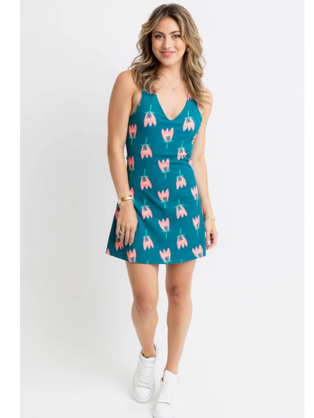Karlie Kourtney Dress Teal Poppy Floral V-Neck Tennis Size Large NWTS